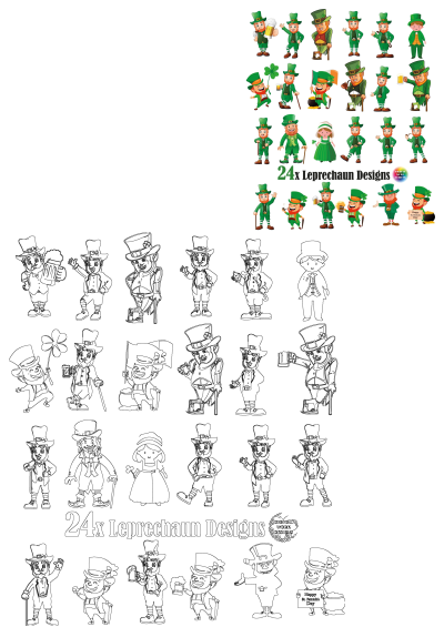 A collection of cartoon leprechauns in different poses, celebrating St. Patrick's Day. Festive green outfits and lucky charms abound.