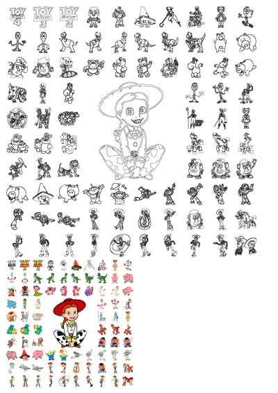 Toy Story characters on white background. A collection of cartoon characters from Toy Story, as the alt description says, from the series toy Story 1,2,3,4.