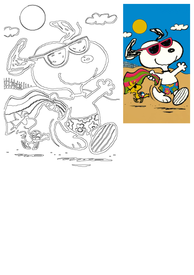 Snoopy wearing sunglasses and Woodstock enjoying a beach day with a colorful towel and beach ball under a sunny sky.