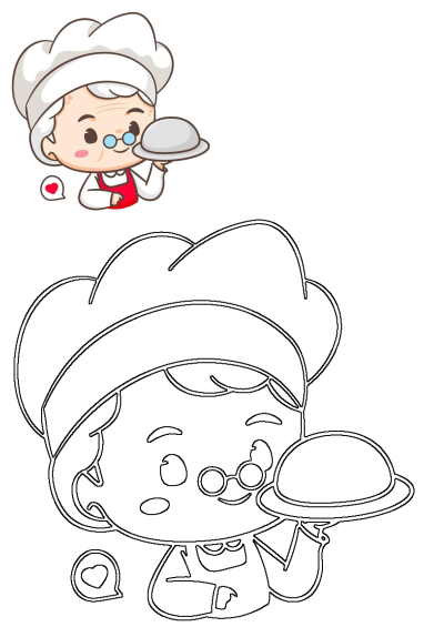 A cute cartoon of an old lady holding a silver platter. She's wearing a chef's hat and a red apron, ready to serve something delicious!