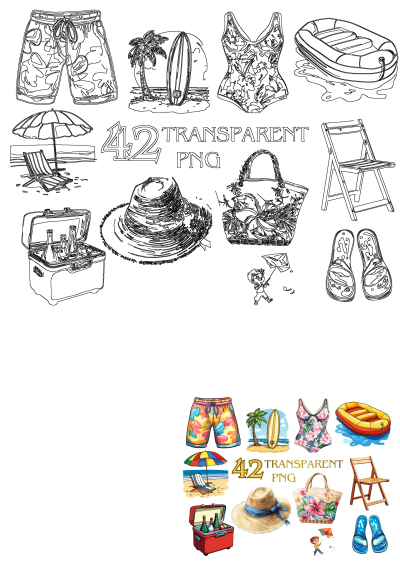 Watercolor illustrations of beach items and the words 42 transparent png on white background. Beach party elements: shorts, chair, bag, hat..