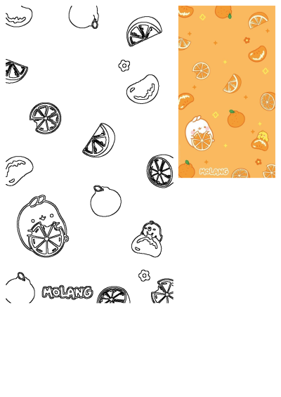 Orange wallpaper featuring various cute fruits and Molang character. A fun, cheerful fruit pattern design for backgrounds and more.