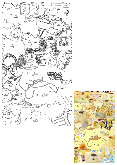 A vibrant pattern on the wall displays a variety of Pompompurin stuffed animals and merchandise, including bags, toys, and plushies.