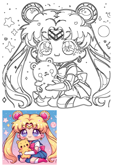Cute chibi Sailor Moon anime girl with blond hair and a teddy bear. Anime fan art with stars, moon and hearts in the background.