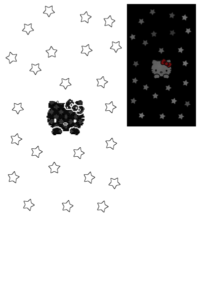 Hello Kitty in pixelated style with a red bow, set against a black backdrop adorned with gray stars. Cute and playful design.