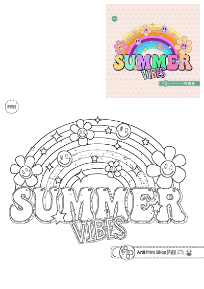 Cartoon style image of the words 'Summer Vibes', decorated with smiling flowers and stars. Retro, colorful design captures the essence of summer.