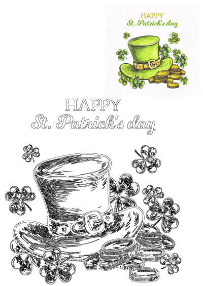 A St. Patrick's Day card featuring a green hat, shamrocks, and gold coins. Celebrate the holiday with luck and fortune! 