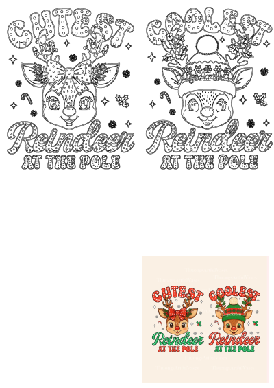 Two festive Christmas reindeer illustrations, one cute with a bow and another cool in a hat, both 'Reindeer at the Pole'.