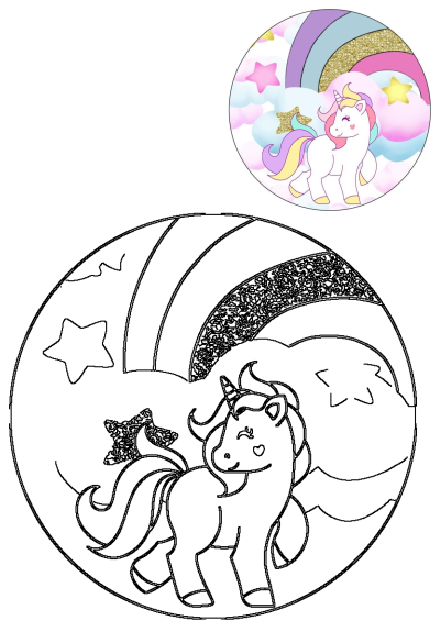 Cartoon unicorn with stars and clouds in the background on a circular sticker. Perfect for gifts, decorating, and adding a touch of magic.