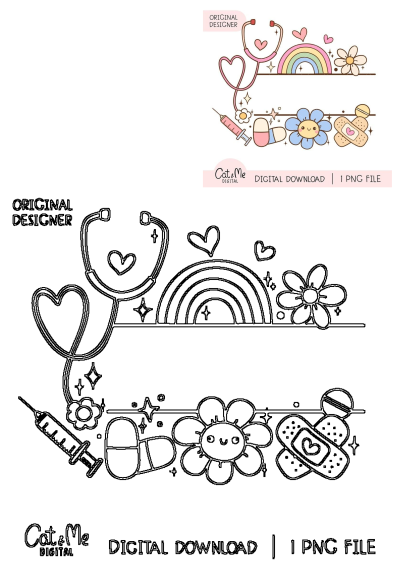 An image of medical items with flowers and hearts. Cute illustration featuring stethoscope, rainbow, syringe, pill, and band-aid with heart.