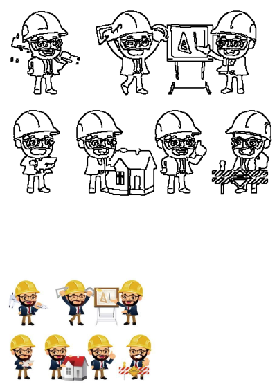 Man in a hard hat and suit showing various poses for different construction jobs, including blueprint review and site safety.