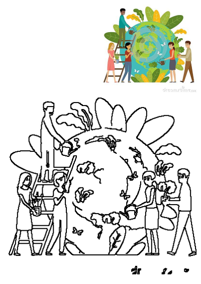 People standing around the Earth, planting trees and watering plants, supporting environmental conservation and sustainability for a healthy planet.