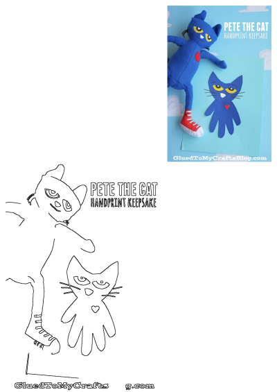 Pete the cat handprint keepsake is blue with yellow eyes and red converse shoes. Features a plush and a paper craft of Pete the Cat.