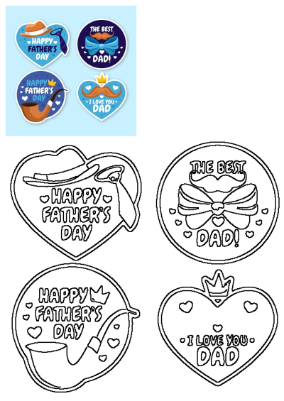 Cartoon Father's Day badges collection Free Vector. Fun, colorful badges with hats, ties, pipes, mustaches, crowns, and heartfelt messages for Dad's special day.