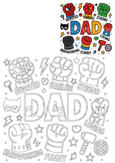 fathers day card with hand drawn lettering and icons in the shape of fists, gloves, stars