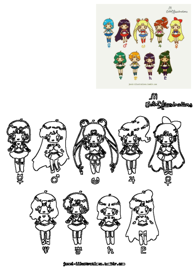 A cute image of anime Sailor Moon characters with different outfits, symbols and numbers, hand drawn illustration style.