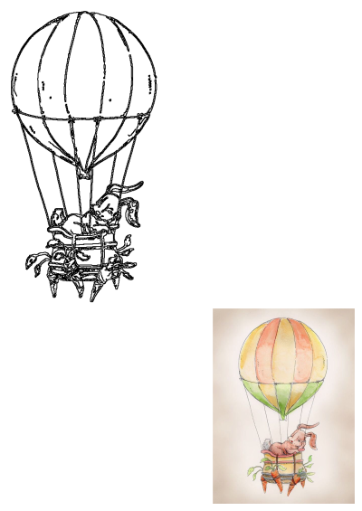 Watercolor drawing of a bunny in a hot air balloon. The basket is adorned with carrots. alt: a drawing of a baby in a hot air balloon with carrots on the ground