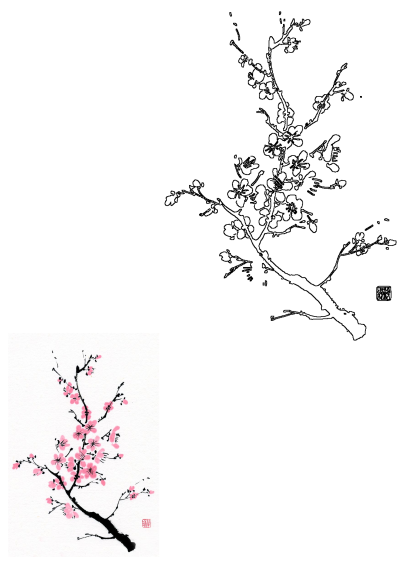 Painting of a tree branch covered in pink cherry blossoms, rendered in a traditional Chinese style. A red seal with Chinese characters is visible.