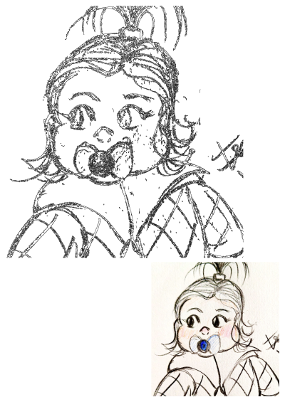 Whimsical sketch of a cute baby with pigtails and a pacifier, envisioned for 2025. Charming illustration, perfect for baby-themed art.