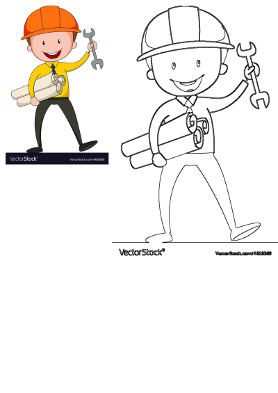 Cartoon illustration of a man in a hard hat holding a wrench and blueprints. A friendly construction worker or engineer. 