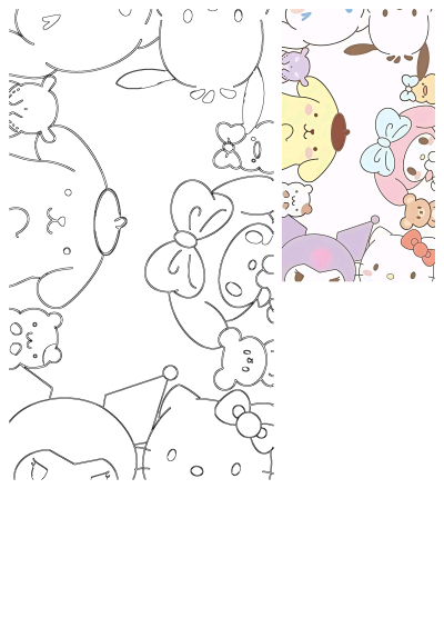 Cute cartoon Sanrio characters including Pompompurin, My Melody, Kuromi, Cinnamoroll and Hello Kitty on a white background. A group of teddy bears.