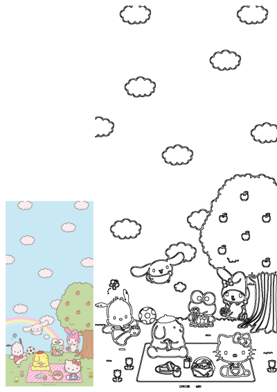 A cute wallpaper of Sanrio characters enjoying a picnic under a blue sky with fluffy clouds, a rainbow, and an apple tree.