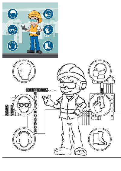 Cartoon illustration of a man in safety gear standing near an industrial area with icons highlighting required PPE. Shows safety protocols.