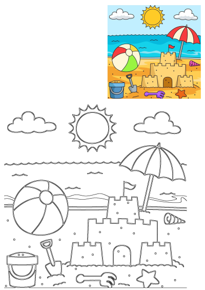 A cartoon-style drawing of a beach scene featuring a sandcastle, beach ball, sun, umbrella, bucket and sand toys.