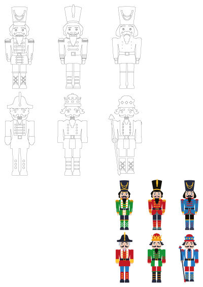 A collection of various nutcracker designs, featuring both black and white outlines and vibrant full-color illustrations of soldiers and kings.