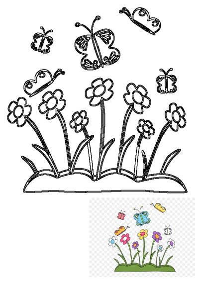 Cartoon illustration of colorful flowers and butterflies flying in the sky. Whimsical drawing of spring meadow scene.