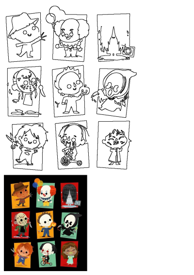 Collage of cute, colorful cartoon versions of Halloween horror characters, including Freddy, Pennywise, Jason, and Samara. The halloween characters are all different colors and sizes