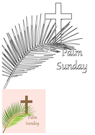 Palm Sunday image featuring a cross and palm leaf with 'Palm Sunday' text. Religious illustration on a pink background. Celebratory design.