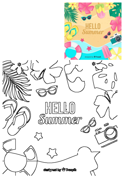 Hello Summer background with beach essentials: sunglasses,camera,tropical flowers,popsicle,flip flops,palm leaves,lifesaver and starfish.