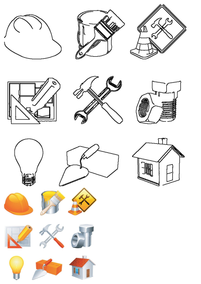 A collection of various construction tools and arts & crafts items on a white background, including a hard hat, paint, and building materials.