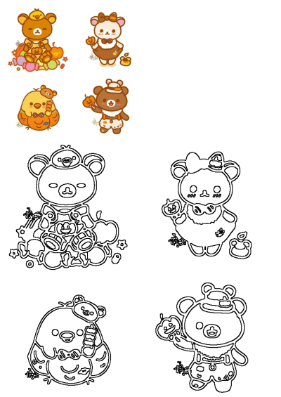 Four cute Rilakkuma and chick cartoon characters wearing Halloween costumes, holding pumpkins. Alt description: four different types of teddy bears.