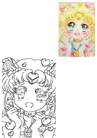 Drawing of Sailor Moon, a girl with blonde hair and blue eyes. She is wearing a sailor outfit and holding her hands to her chest with hearts.