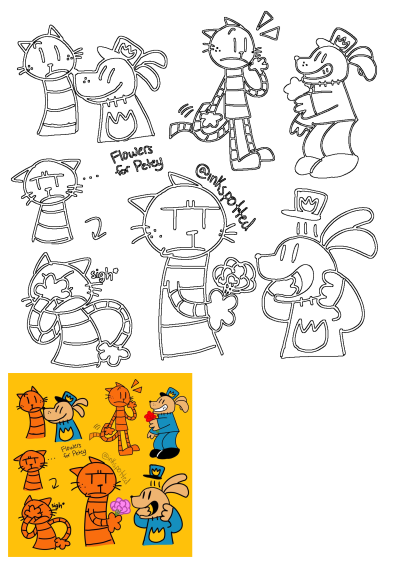 Cartoon depiction of cats and dogs with flowers, set against a vibrant yellow background. Hand-drawn style with expressive characters.