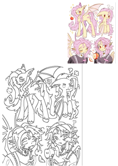 Anime style image features a pink-haired character with bat wings, along with pony versions and someone eating an apple. As described in the alt.