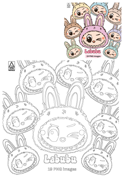 Image of Labubu characters with their faces in the shape of bunnies and wearing bunny ears. Colorful cartoon printables design.
