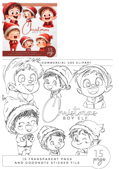 Bundle of 15 transparent PNGs featuring cute, happy Christmas boy elf clipart characters in red outfits with varied expressions.