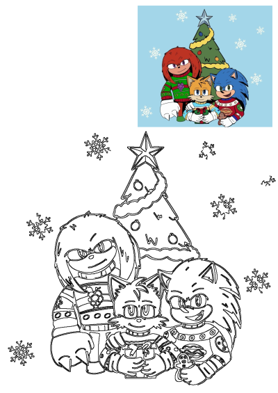 Sonic the Hedgehog and friends, including Tails and Knuckles, gather around a Christmas tree wearing festive sweaters in this cute holiday image.