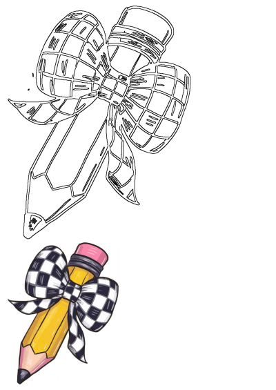 Illustration of a yellow pencil adorned with a checkered bow. Great for school projects, teacher resources or creative designs.