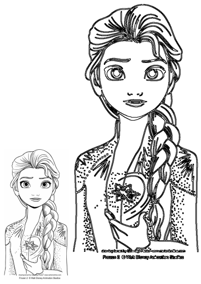 Elsa from Frozen 2 coloring page. Printable illustration of the Disney Princess holding a snowflake, ready for your creative colors.