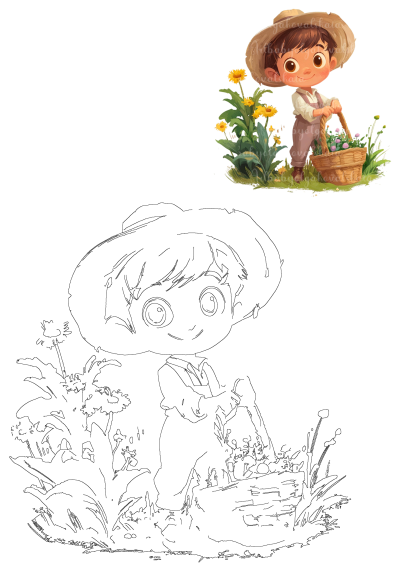 Adorable illustration of a little boy wearing a straw hat, happily holding a basket filled with colorful flowers and fresh grass. 