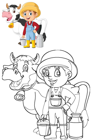 Cartoon image: A boy in overalls holding a bucket standing beside a cow with its tongue out and a bell, ready to do farm chores.