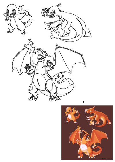 Cartoon image shows the evolution stages of Charmander, a Pokémon character, showcasing different expressions and body transformations in each stage. 