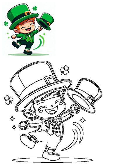 A cartoon leprechaun joyfully celebrates St. Patrick's Day with a green hat and shamrocks, embodying the festive spirit.