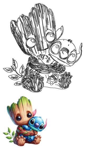 Baby Groot hugging Stitch, a cute blue alien with leaves on its back. A heartwarming image of friendship and sweetness. 