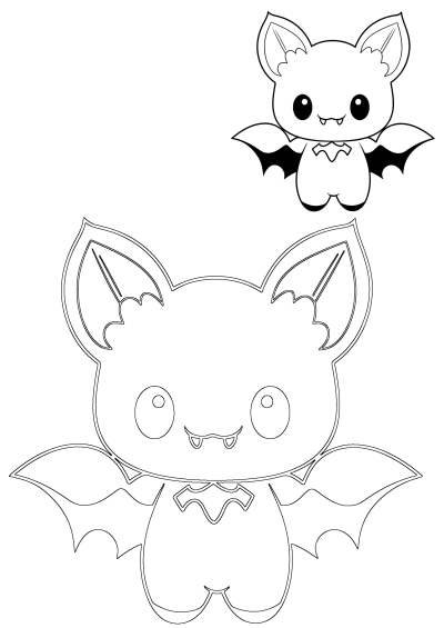 Halloween coloring pages: A cute cartoon bat with big eyes and small fangs, perfect for Halloween coloring fun.
