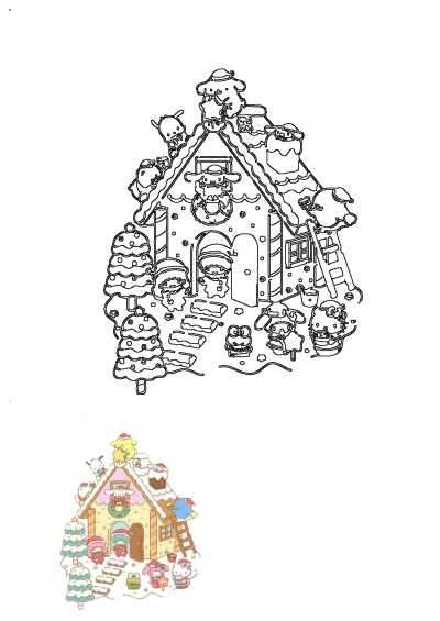 A detailed illustration of Sanrio characters like Hello Kitty and Cinnamoroll decorating a festive gingerbread house for Christmas.